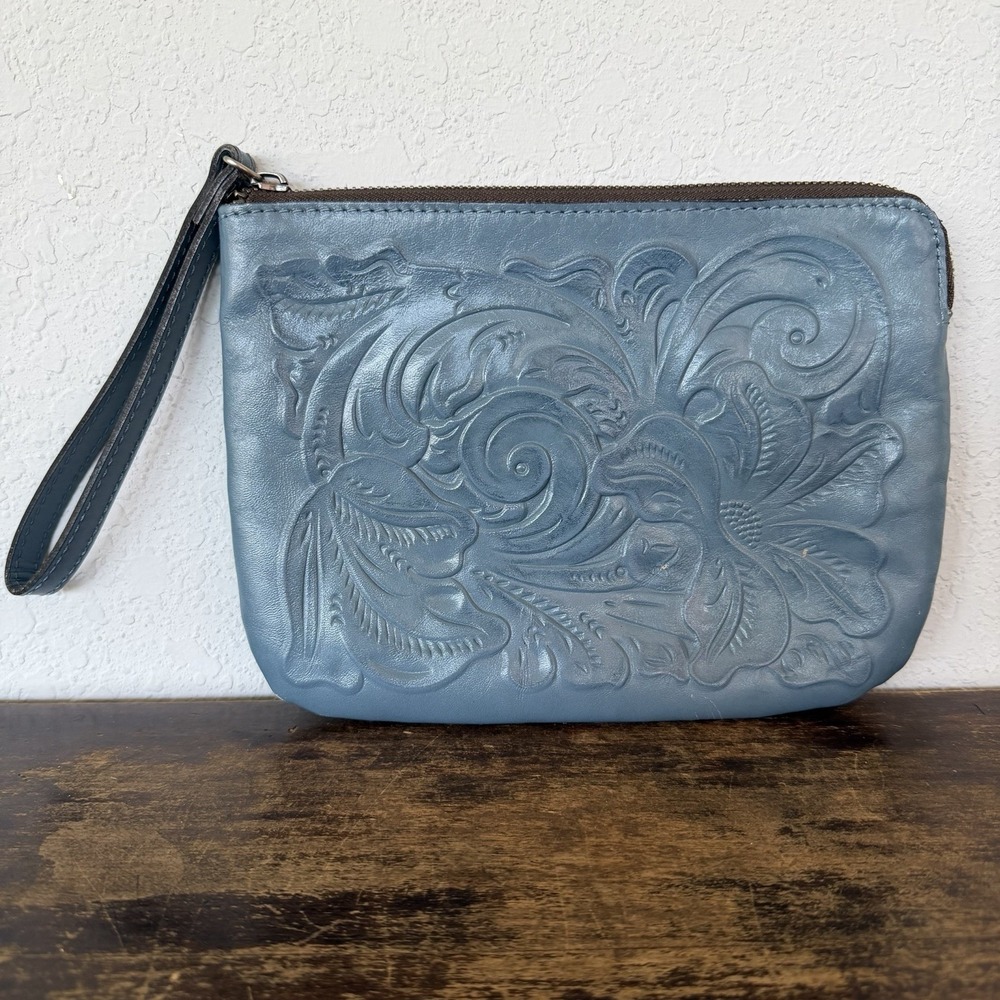 Patricia Nash Cassini Hand Tooled Tan Leather Wristlet Boho Hippie Teal Blue